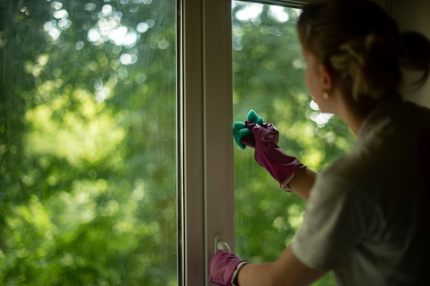 Woman washing the inside of a house window