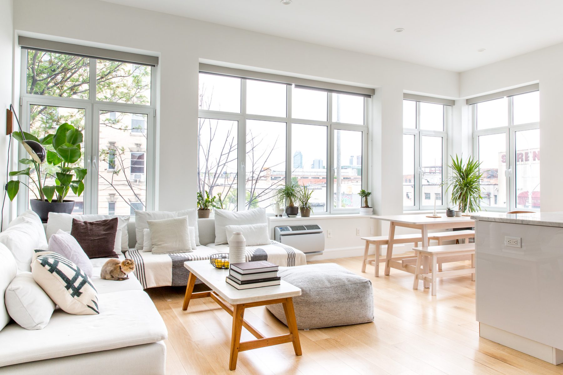 Person on a stepladder wearing gloves and cleaning large windows with a cloth in a bright room.